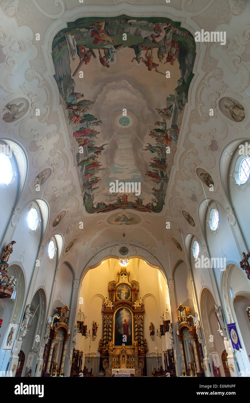 Frescos en el techo y coro, iglesia parroquial de los Santos Pedro y Pablo, Lindenberg, Allgäu, Baviera, Alemania Foto de stock