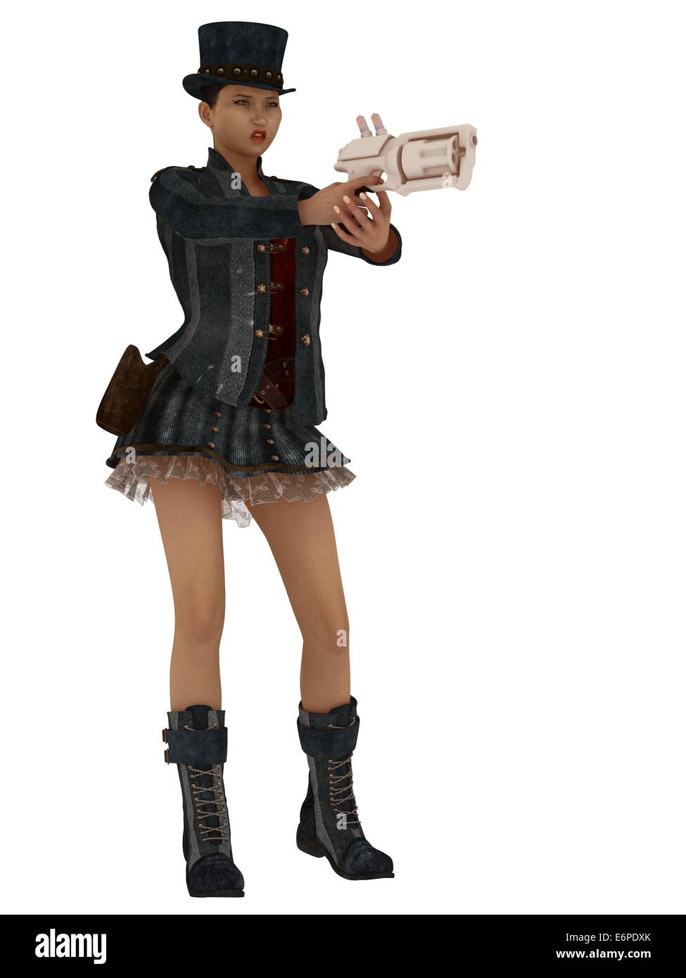 En retro steampunk ropa femenina apuntando pistola Foto de stock