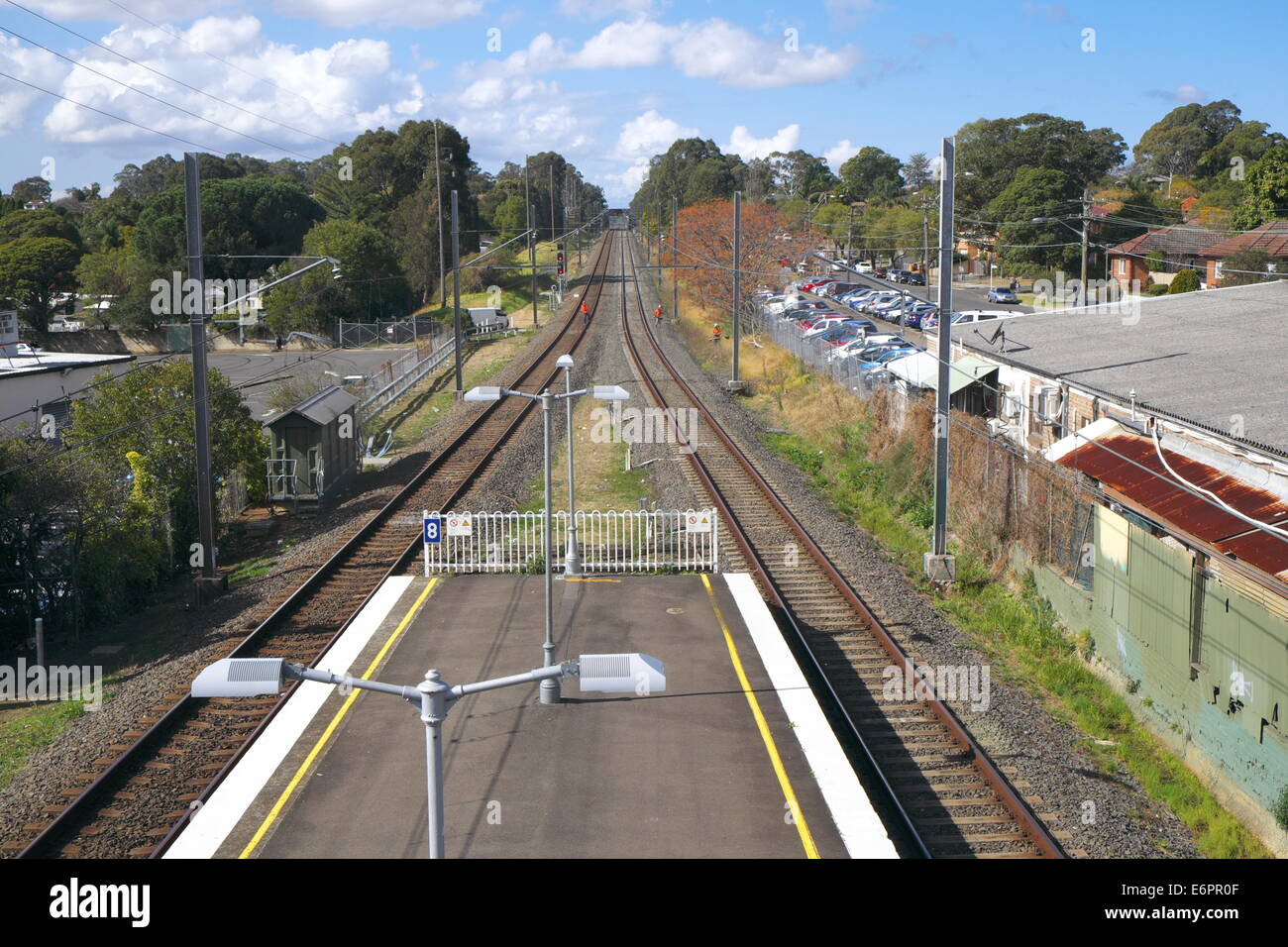 La red ferroviaria de Sydney visto cerca de la estación de ferrocarril de panania suburbio de Sydney, Nueva Gales del Sur, Australia Foto de stock
