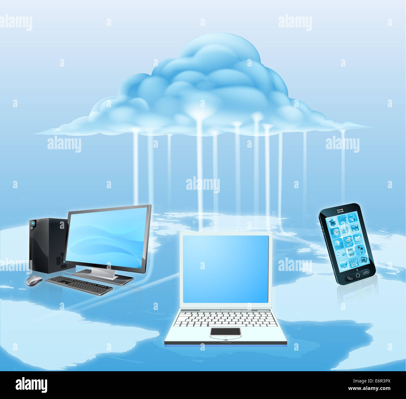 Ilustración de dispositivos multimedia como el teléfono móvil, el portátil y el ordenador de sobremesa conectado a la nube. El concepto de la tecnología Foto de stock