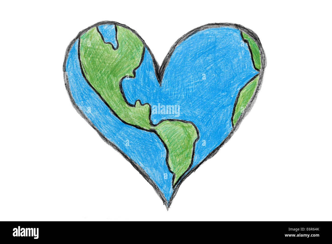 Planeta Tierra en la forma de un corazón de dibujo con lápices de colores. Fondo blanco. Imagen fue dibujada a mano por mí. Foto de stock