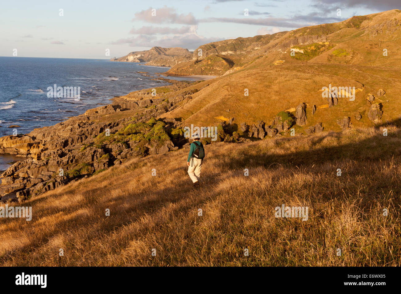 Caminante caminando por un paseo costero montañoso, tierras agrícolas privadas, Te Hapu, Región de Tasmania, Costa oeste, Isla del Sur, Nueva Zelanda Foto de stock