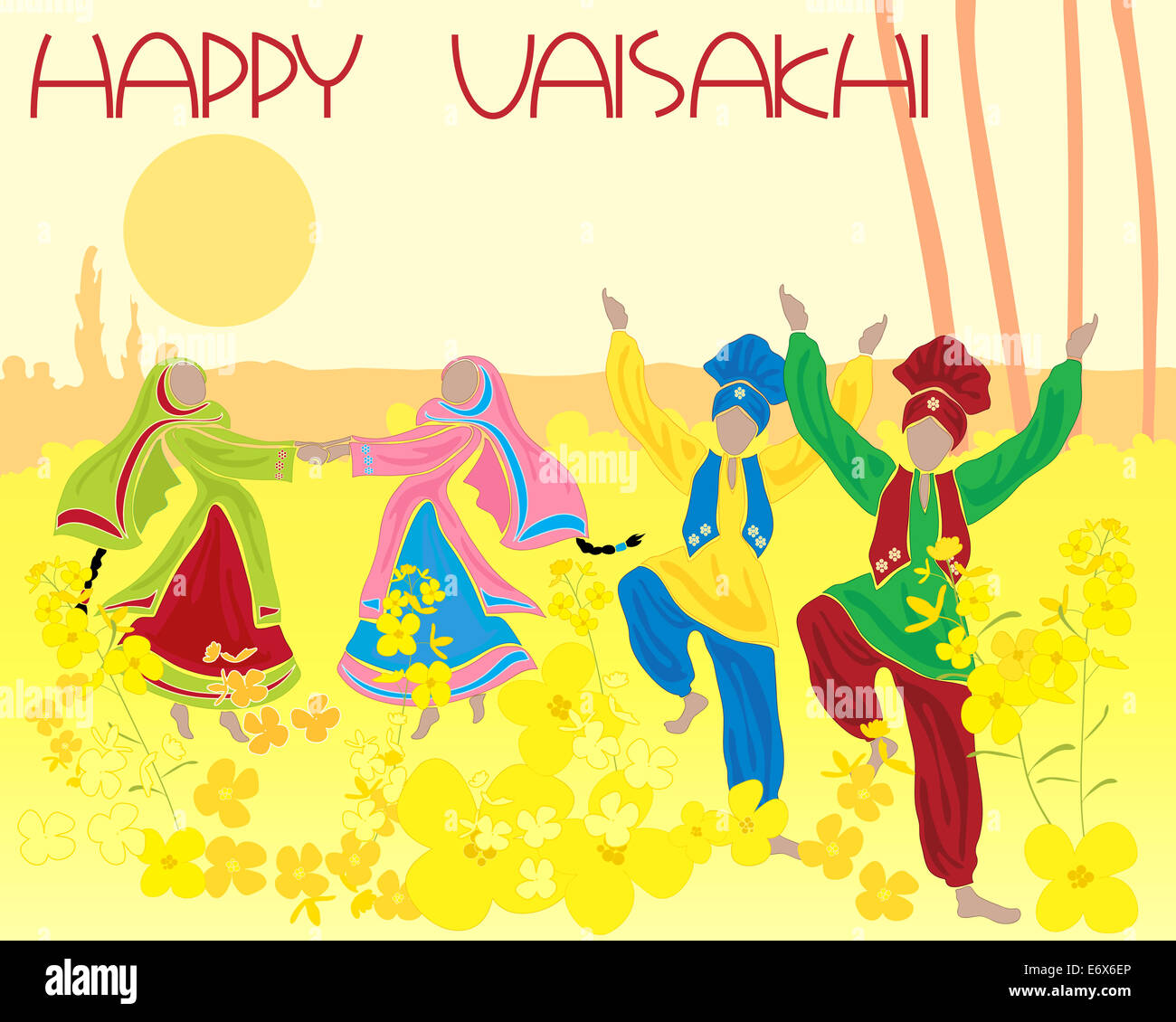 Una ilustración de una danza popular entre los cultivos de mostaza de Punjab rural con el saludo feliz Vaisakhi Foto de stock