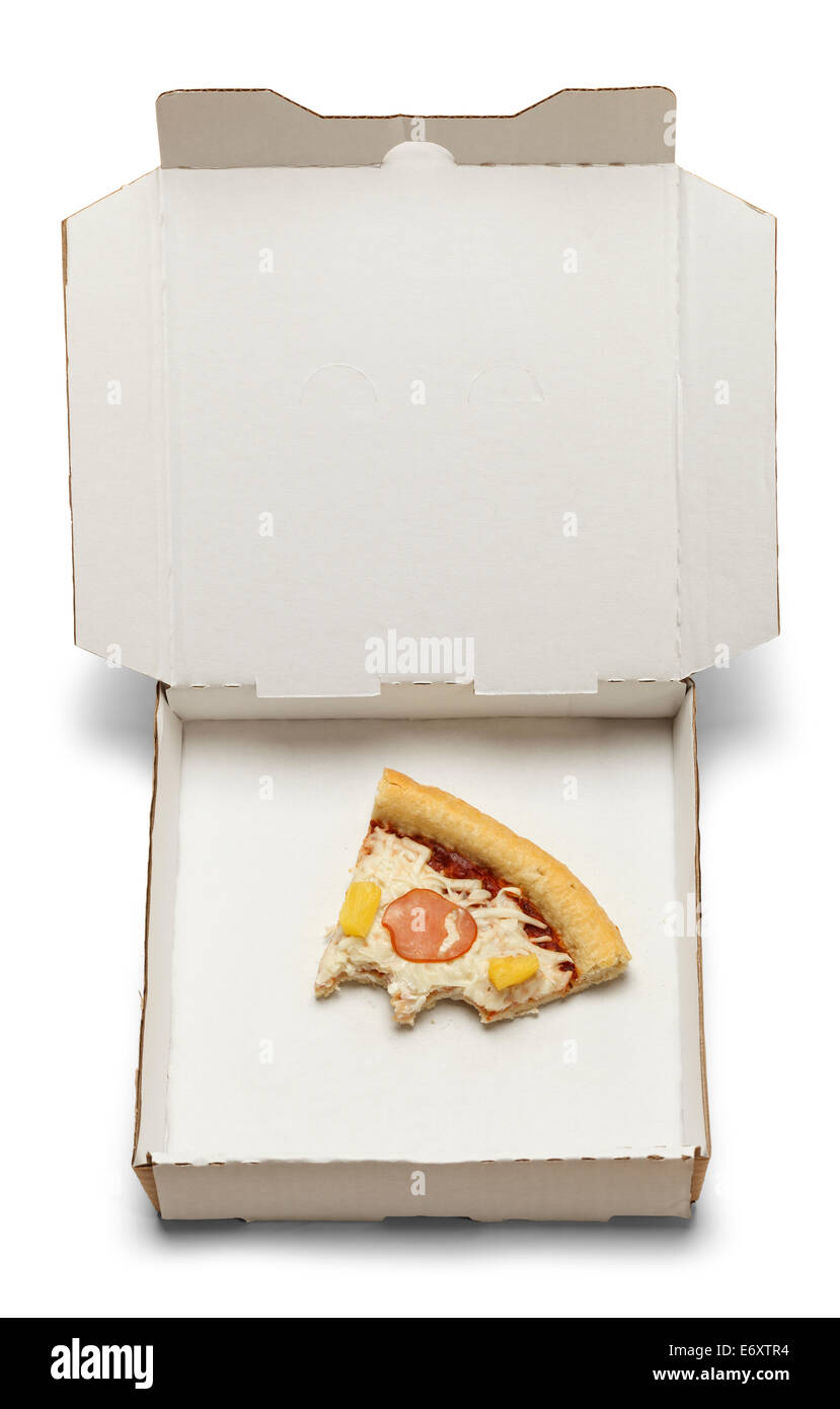 La mitad comido trozo de pizza en llevarse a casa el cuadro aislado sobre fondo blanco. Foto de stock