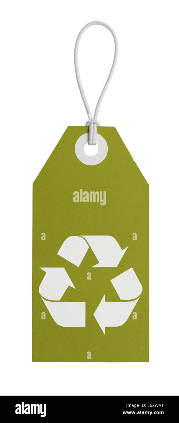 Reciclar la etiqueta verde grande aislado sobre fondo blanco. Foto de stock