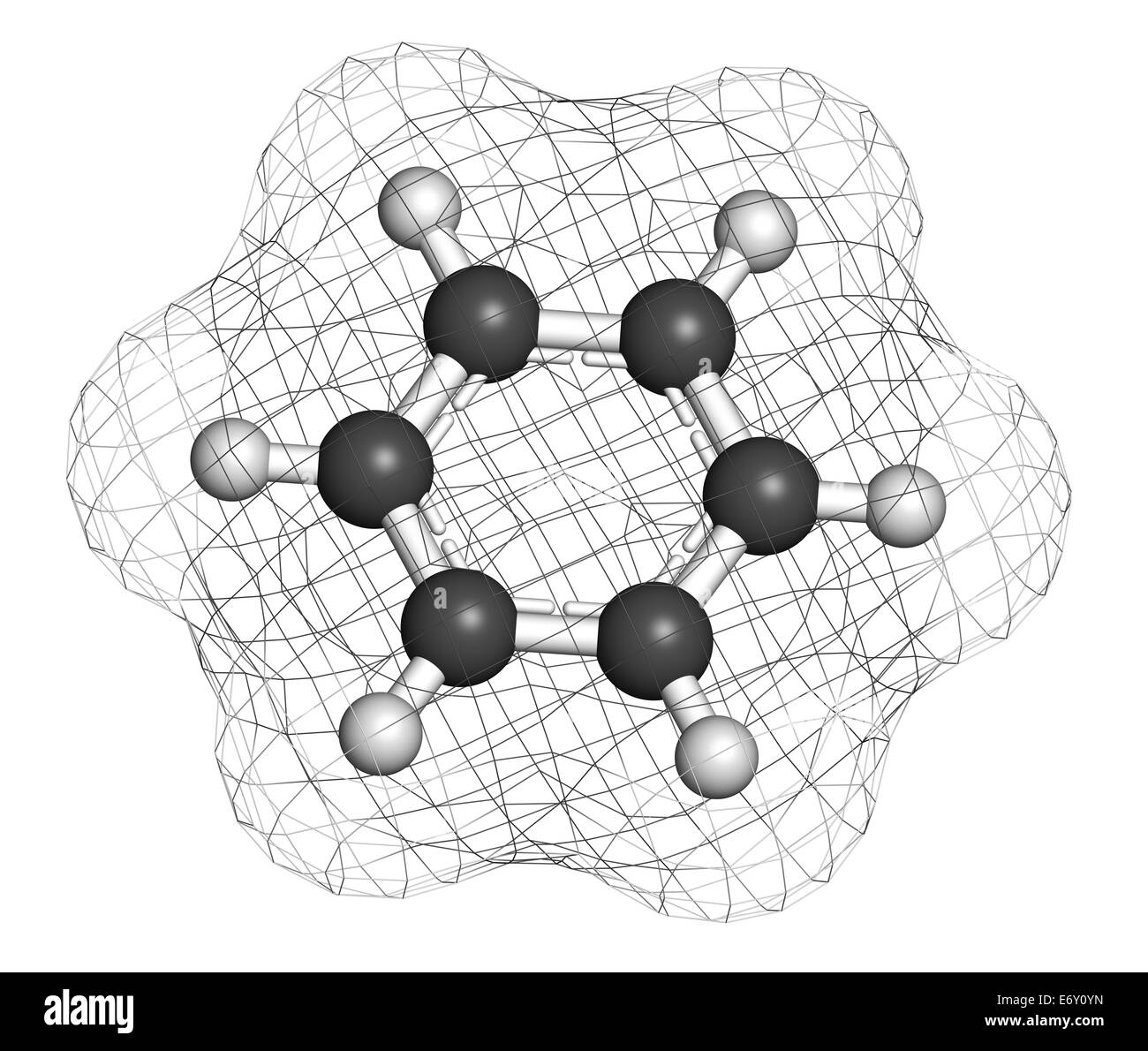 Hidrocarburos aromáticos benceno molécula. Importante en el campo de la petroquímica, componente de la gasolina. Los átomos son representados como esferas con Foto de stock