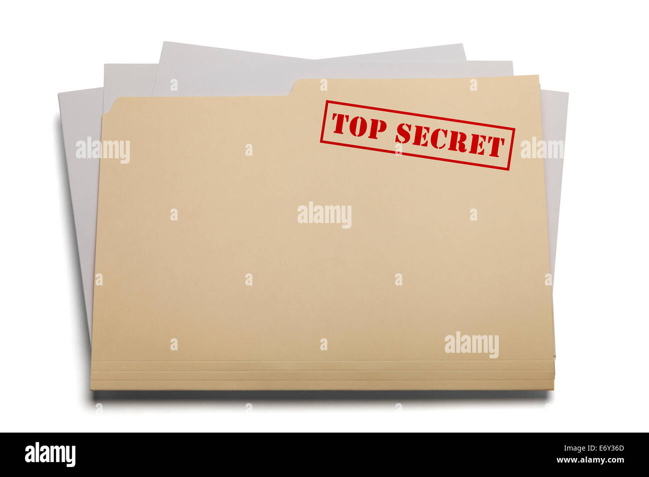 Carpetas y documentos con las palabras Top Secret estampado aislado sobre un fondo blanco. Foto de stock