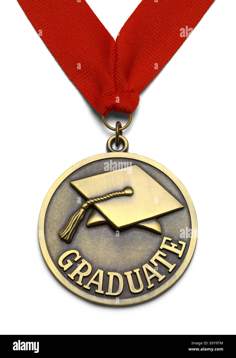 Licenciado medalla de oro con una cinta roja aislado sobre fondo blanco. Foto de stock