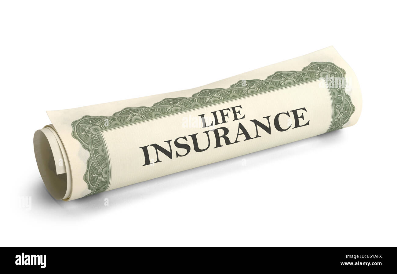 Los papeles de los seguros de vida enrolladas y aislado sobre fondo blanco. Foto de stock