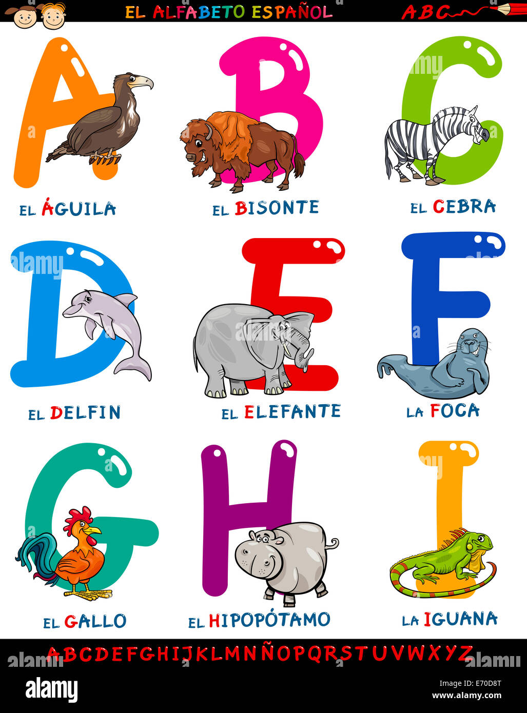Ilustración de dibujos animados de coloridos alfabeto español o Alfabeto  Espanol con graciosos animales desde la letra A a la I Fotografía de stock  - Alamy