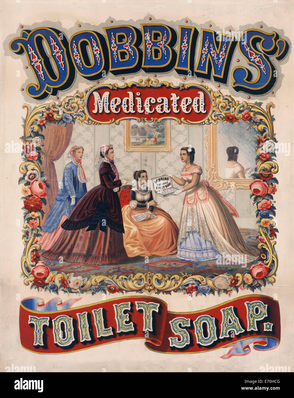 Dobbins' medicated jabón de tocador - Póster cuatro mujeres bien vestidas  en un salón, uno de ellos mantiene abierto un cuadro de 'Dobbins' Medicated  jabón de tocador." Dos de las mujeres se