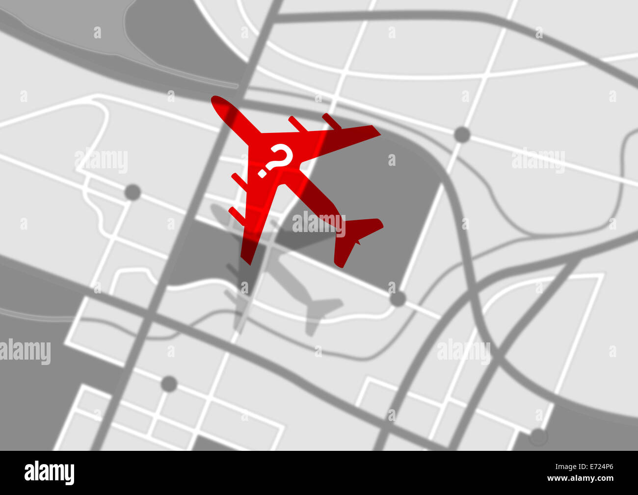 La silueta de un avión con un signo de interrogación volando por encima de un tipo gps tierra mapa que ilustra la falta de un avión Foto de stock