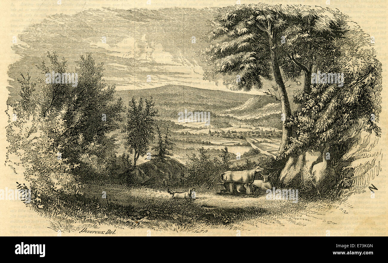 Antiguo grabado de 1854, Vista de Bedford Township y Alleghenies, Pennsylvania, Estados Unidos. Foto de stock