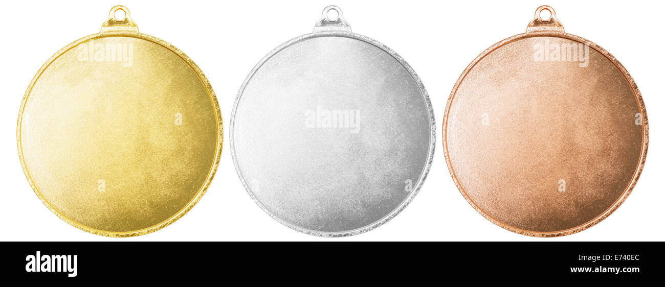 Oro, plata y bronce medallas en blanco conjunto aislada con trazado de recorte Foto de stock