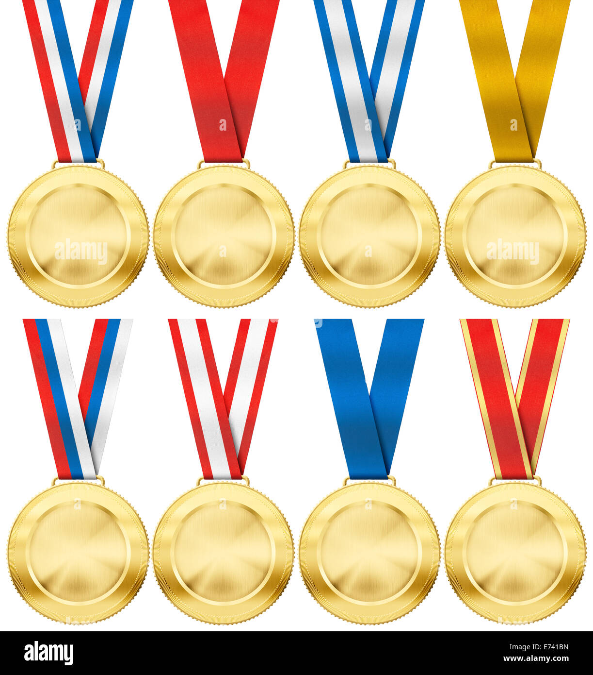 Medalla de oro con diferentes tipos de cinta foto realista aislado en blanco Foto de stock