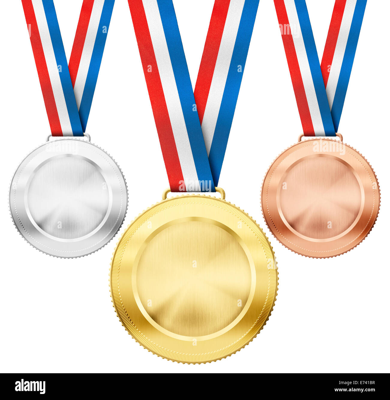 Oro, plata y bronce medallas deporte realista con moño tricolor conjunto aislado en blanco Foto de stock