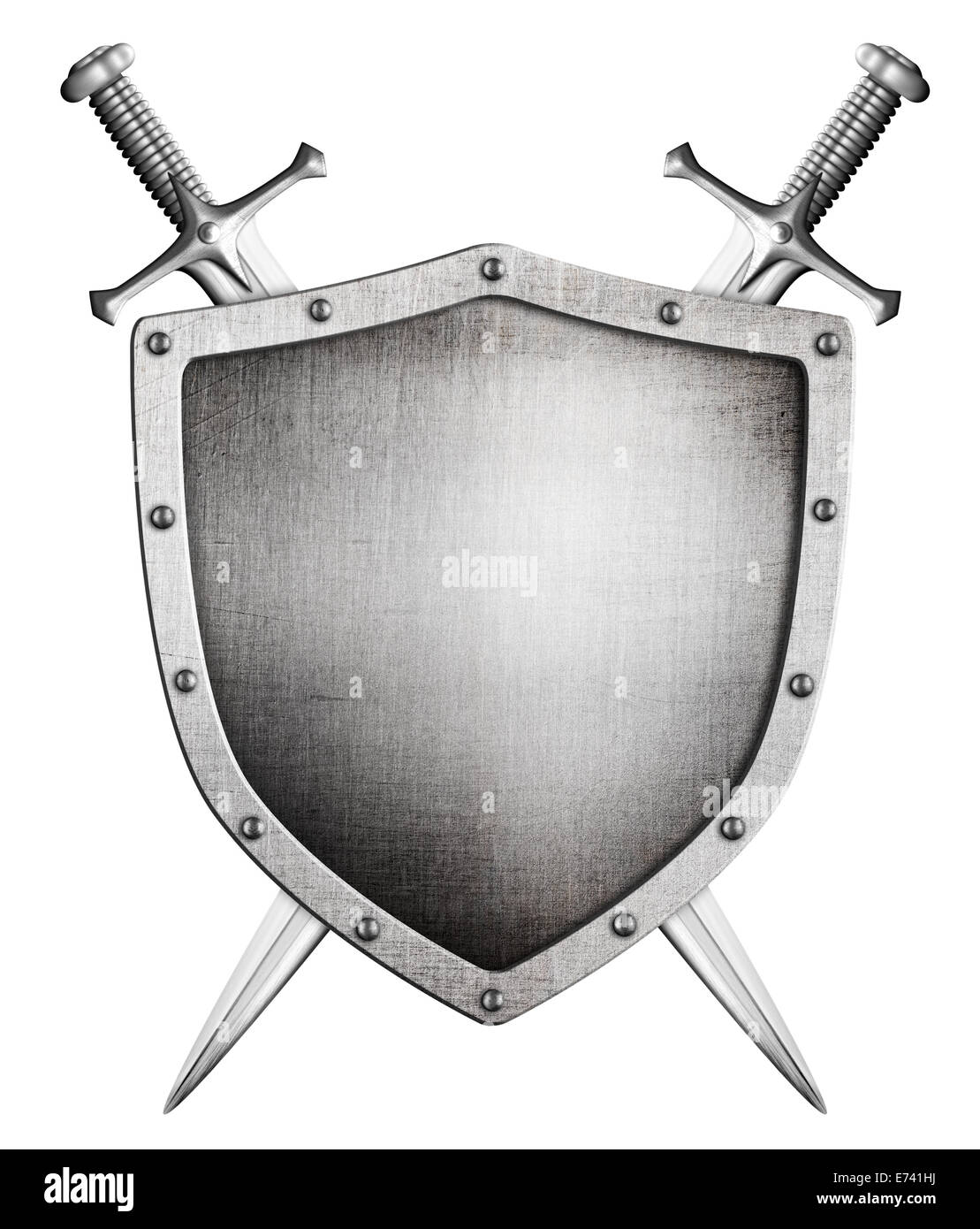 Escudo Medieval de metal y espadas cruzadas detrás de él aislado en blanco  Fotografía de stock - Alamy