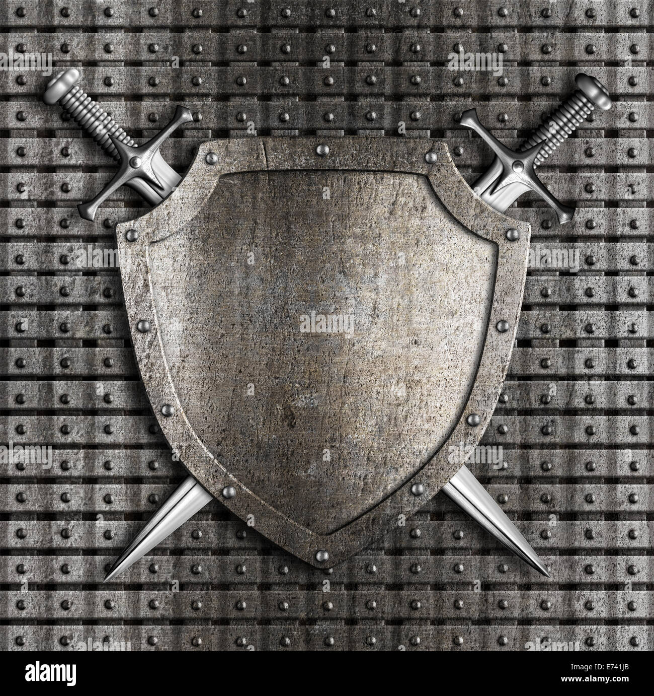 Escudo y dos espadas cruzadas colgado en la pared de metal con remaches  Fotografía de stock - Alamy