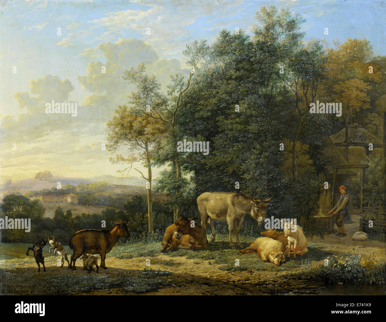 Paisaje con dos burros, cabras y cerdos - por Karel Dujardin, 1655 Foto de stock
