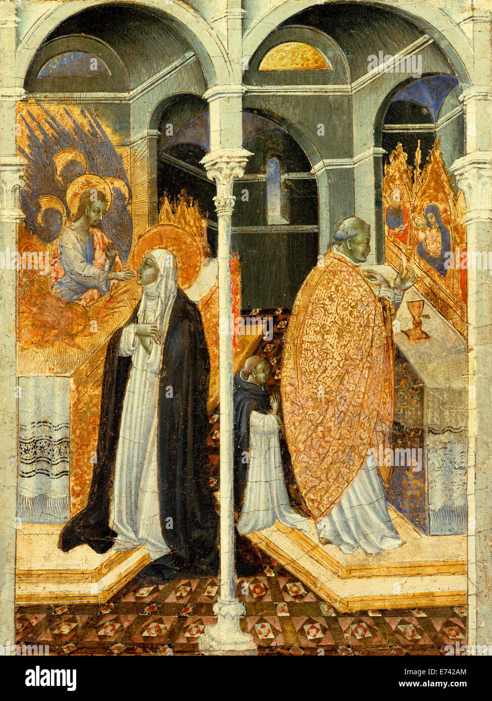 Comunión milagrosa de Santa Catalina de Siena - por Giovanni di Paolo, 1400s Foto de stock
