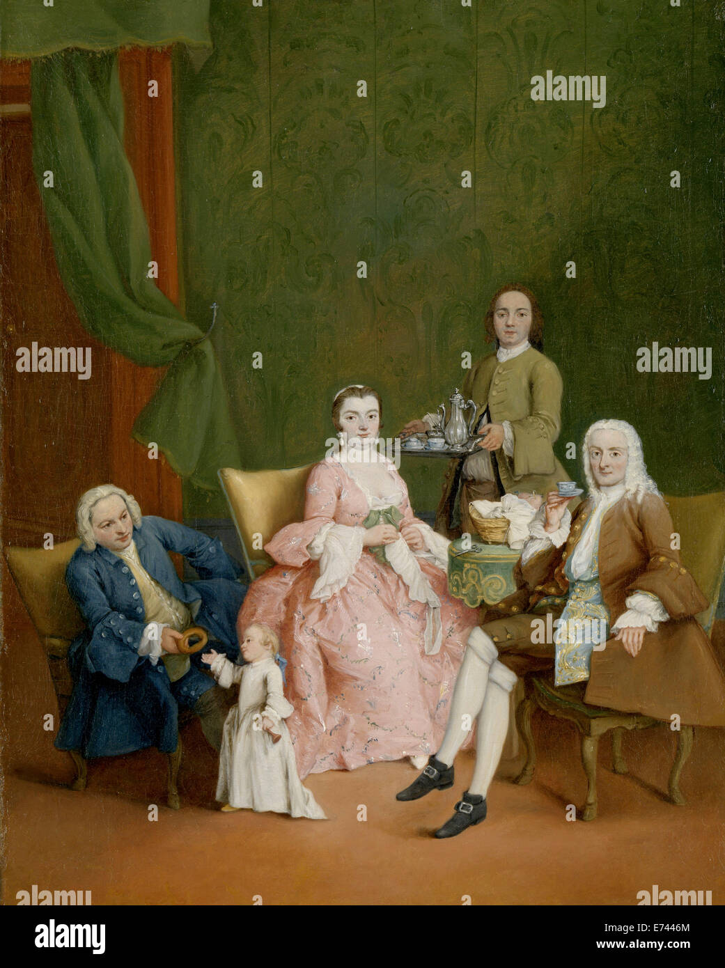 Retrato de una familia veneciana con un criado sirviendo café - por Pietro Longhi, 1752 Foto de stock