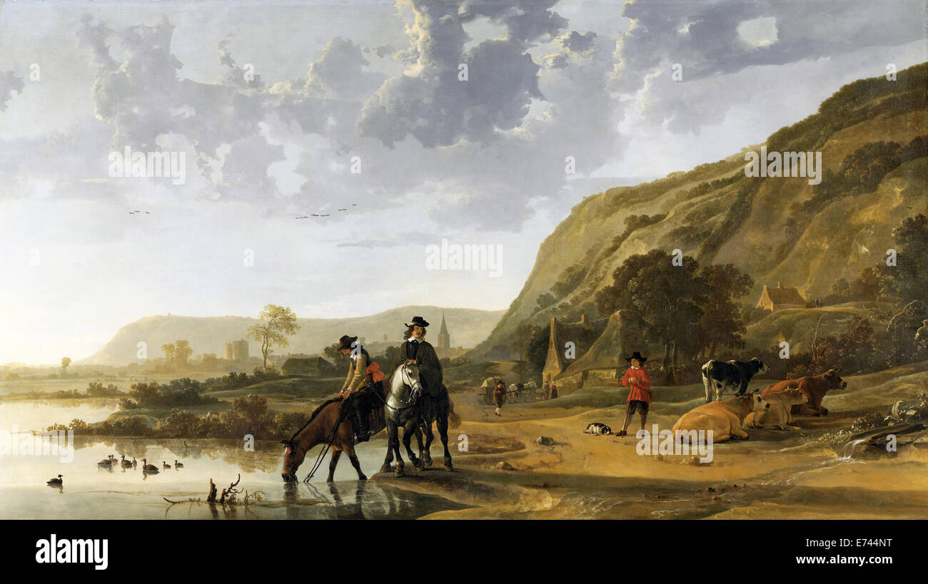Paisaje con río, Riders - por Aelbert Cuyp, 1653 - 1657 Foto de stock