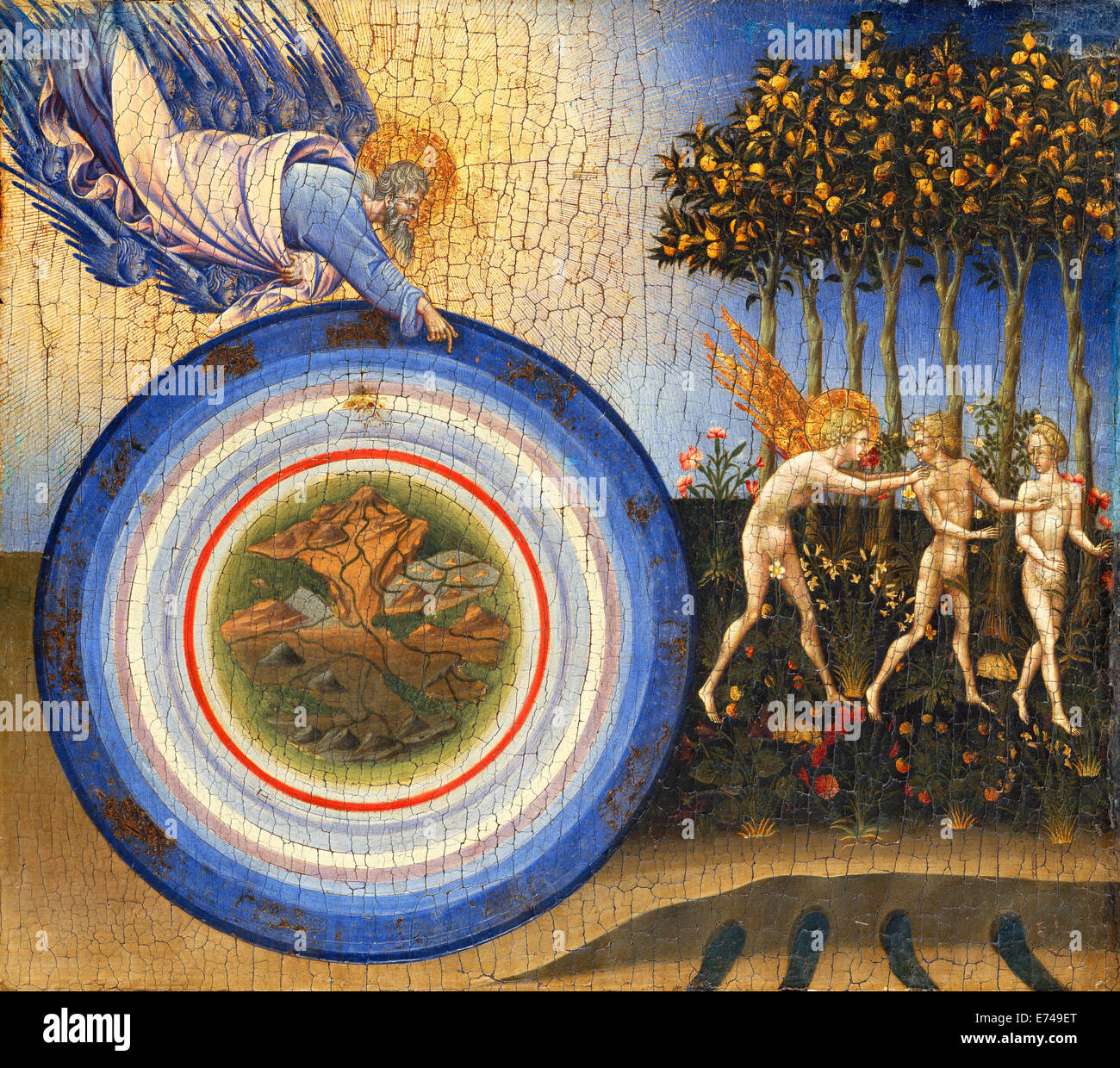 La creación del mundo y la expulsión del Paraíso - por Giovanni di Paolo, 1445 Foto de stock