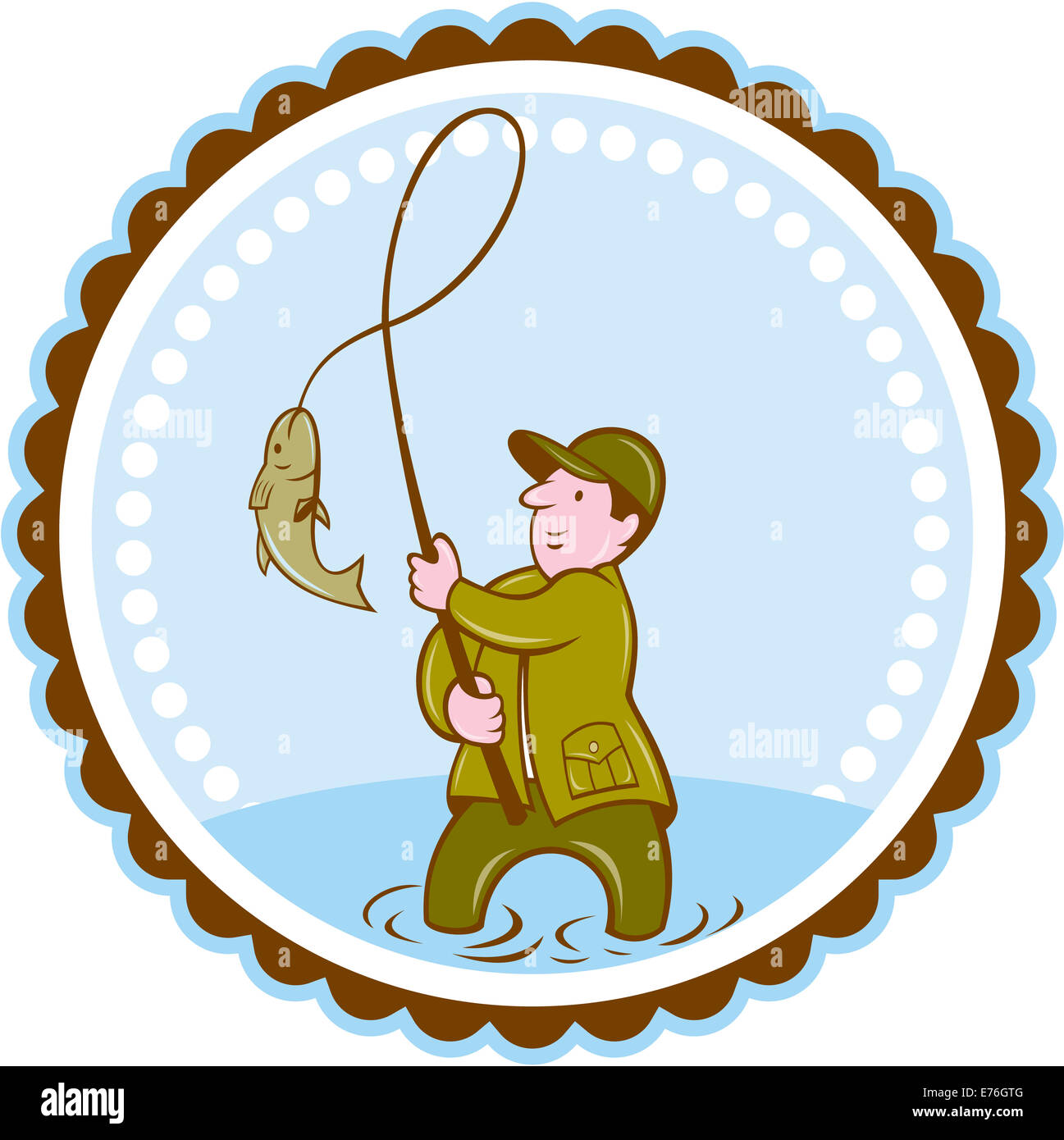 Ilustración de un pescador con mosca con pescado en el tambor establece dentro de roseta en forma aislada hace de fondo en el estilo de dibujos animados. Foto de stock