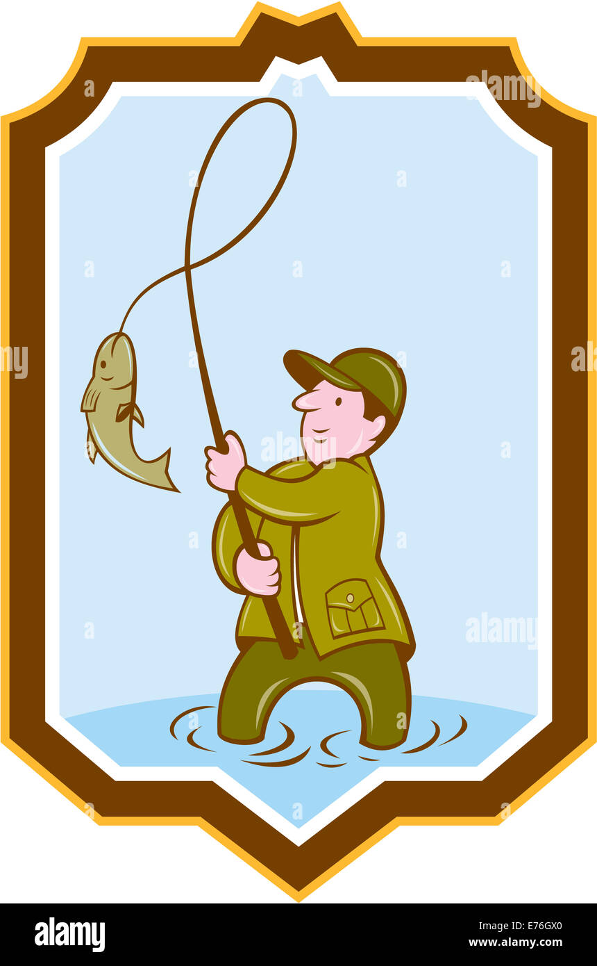 Ilustración de un pescador con mosca con pescado en el tambor establece dentro de protección en forma de cresta de fondo aislado realizado en estilo de dibujos animados. Foto de stock