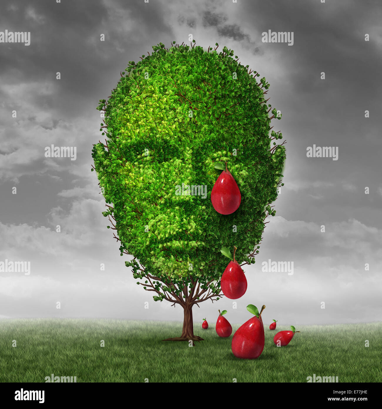 Depresión y salud mental concepto como un árbol con forma de cabeza humana que clama frutos con forma de lágrima cae como una metáfora para estar deprimido o tristeza posparto en la edad madura. Foto de stock