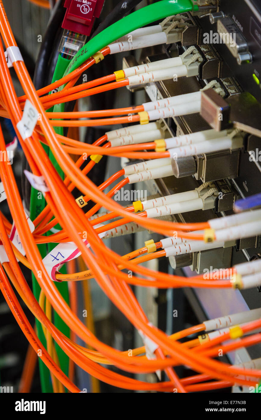 Cables de fibra óptica conectados a un router de gama alta la máquina a un equipo de apoyo del centro de datos cloud computing Foto de stock