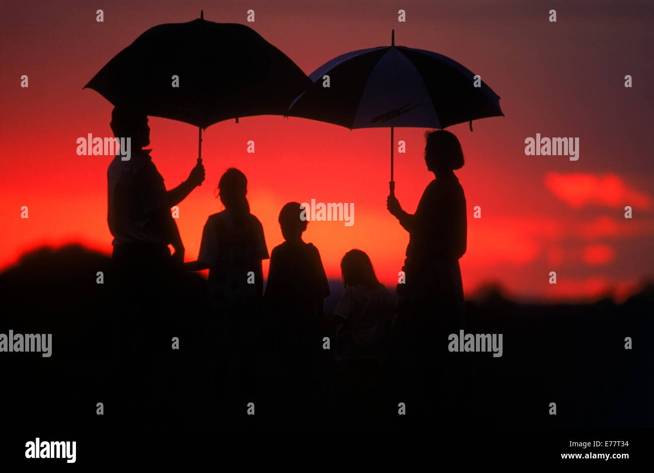 Familia de cinco viendo atardecer africano bajo cielos lluviosos en Zimbabwe Foto de stock