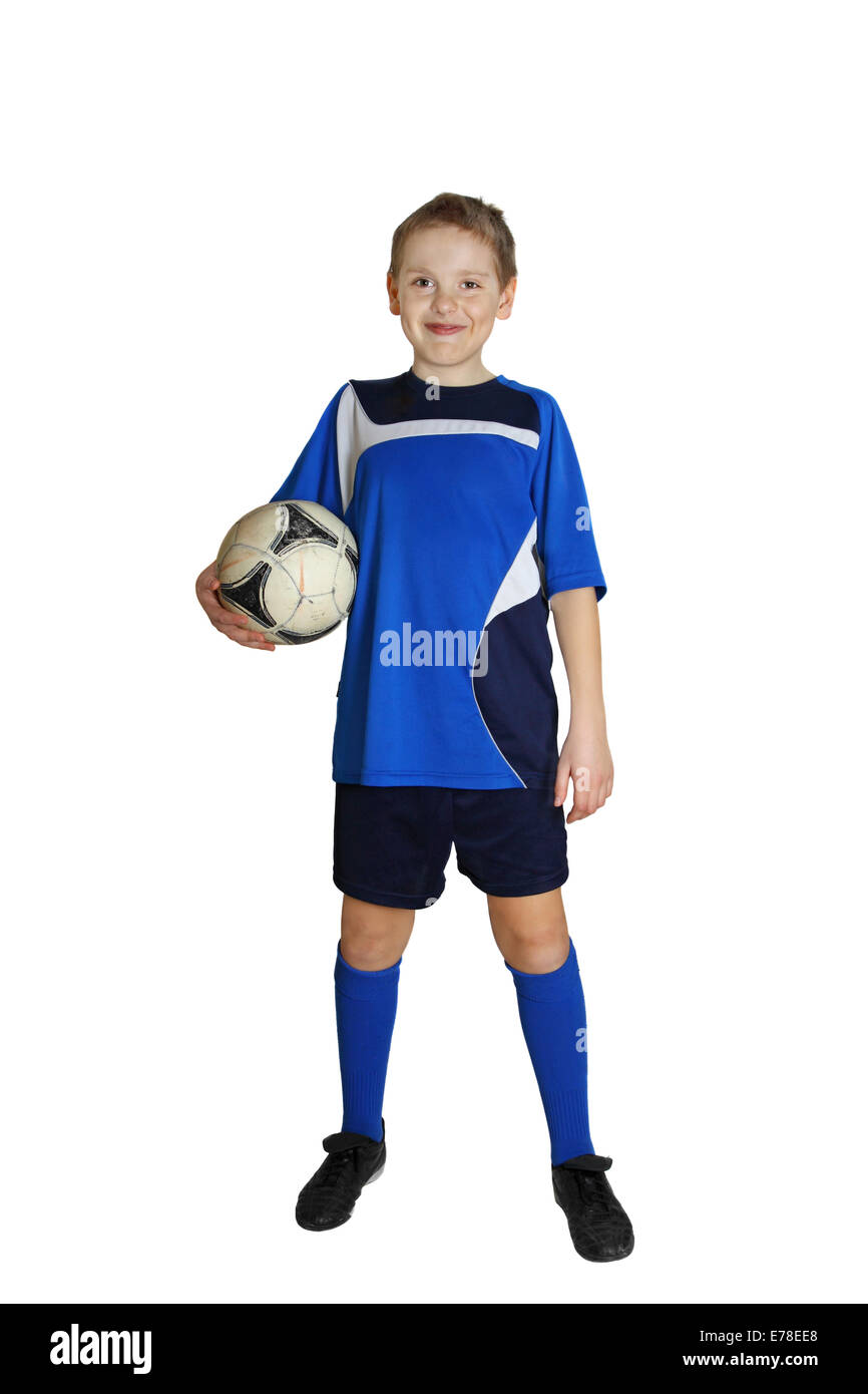 Chico en ropa deportiva con el fútbol aislado en blanco Fotografía de stock  - Alamy