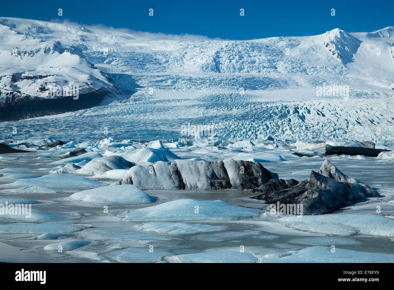 El glaciar Vatnajokull descendente al nivel del mar, al este de Islandia Fjallsarlon, Foto de stock