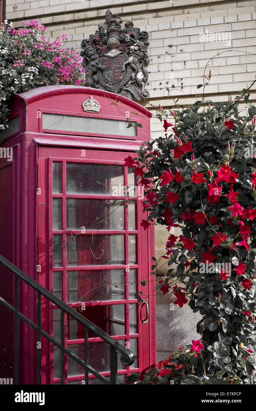 Cabina telefónica canadiense históricas tradicionales con rojo y rosa  flores alrededor y escudo canadiense en el fondo. Parte Fotografía de stock  - Alamy