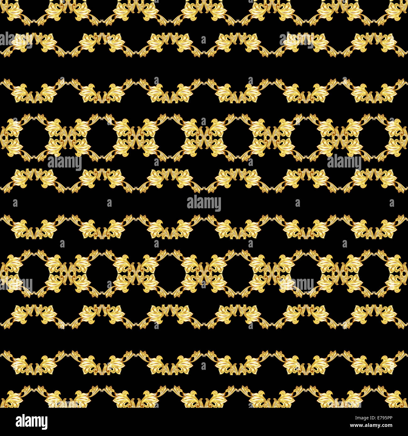 Oro perfecta Gorizontal patrón floral sobre fondo negro Foto de stock