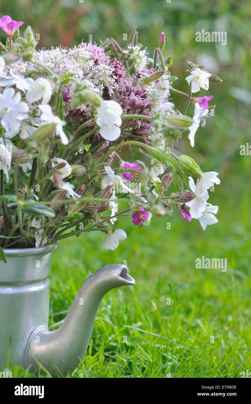 Bouquet de flores silvestres en la vieja tetera en el jardín Foto de stock