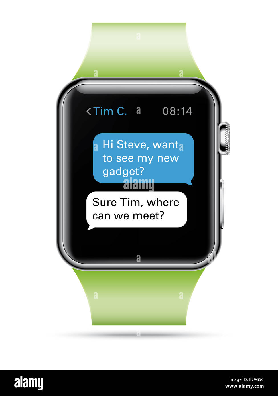 Ilustración de Apple reloj con banda verde y deportiva y de mensajes de texto en pantalla. Foto de stock