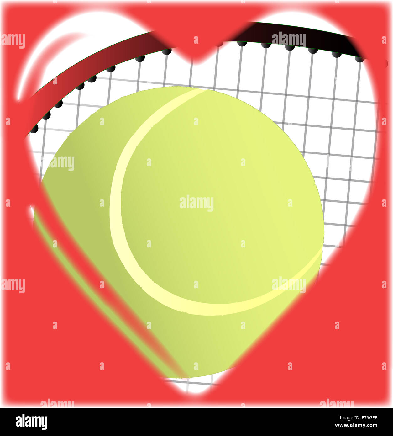 Una pelota de tenis y raqueta en una caricatura tradicional con forma de corazón Foto de stock