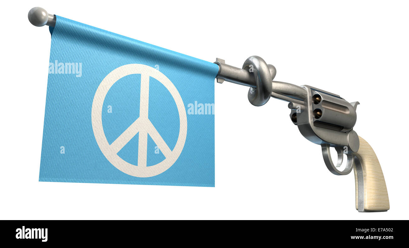 Una pistola de seis tiradores con una camisa anudada con una bandera azul que sale con un símbolo de paz sobre un fondo blanco aislado Foto de stock