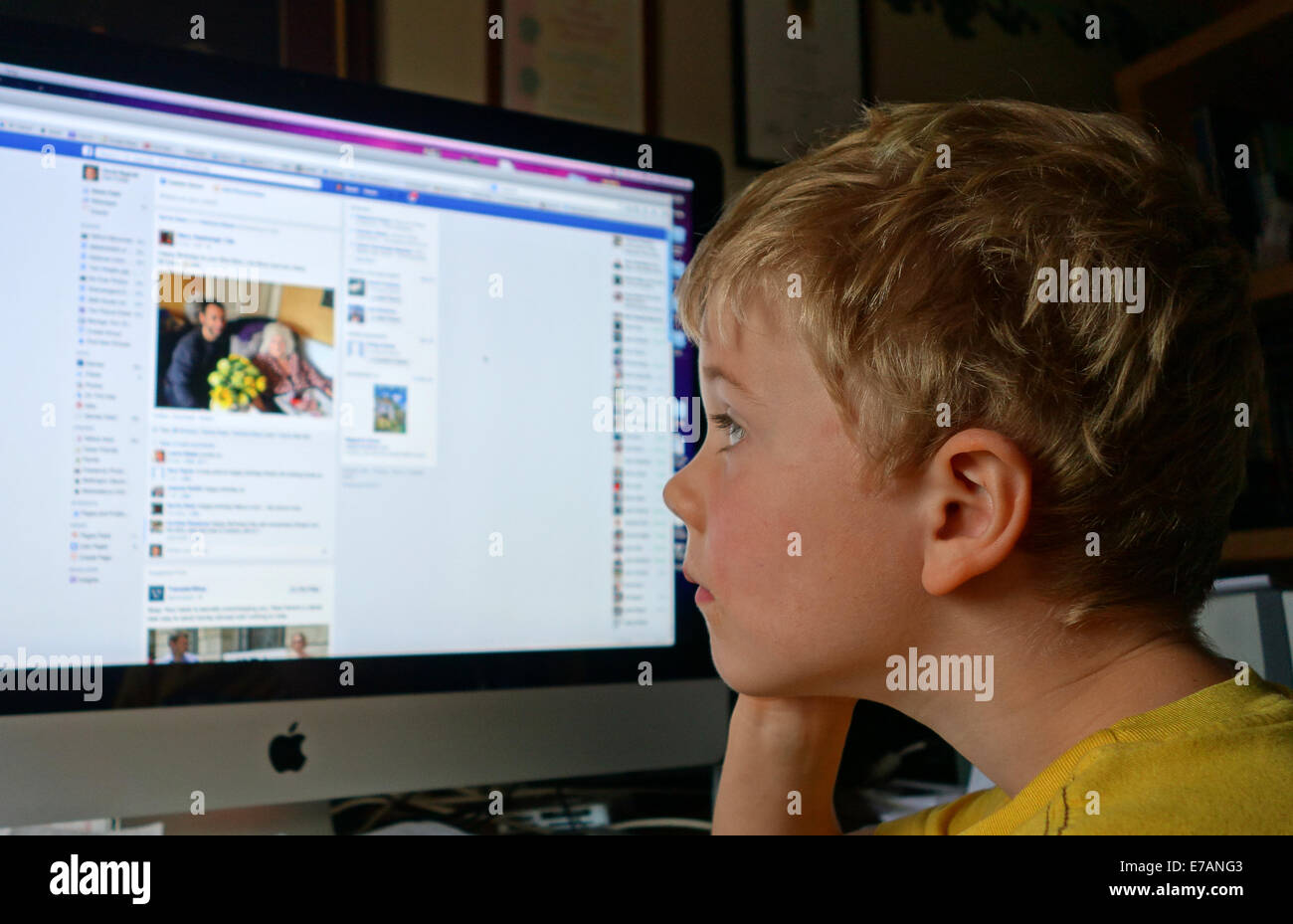 Niños Niño Chico mirando en Facebook en el ordenador de casa social media Uk Foto de stock