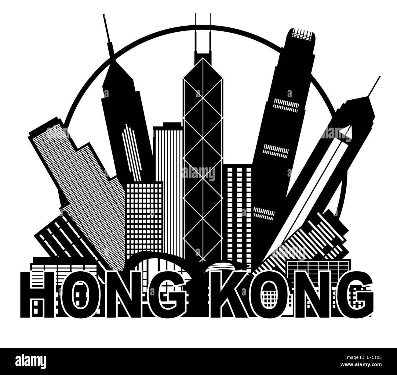 El horizonte de la ciudad de Hong Kong en círculo contorno negro aislado sobre fondo blanco ilustración Foto de stock