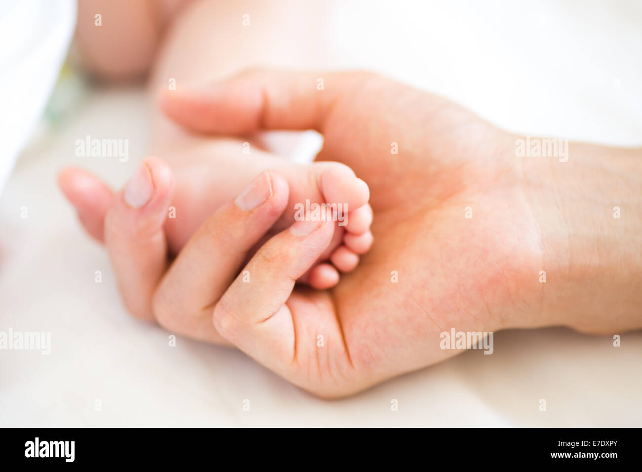 Padre sosteniendo los pies de su hijo recién nacido, someras DOF Foto de stock