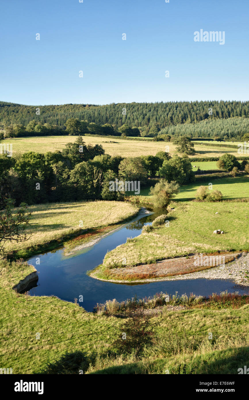 El pacífico río Teme marca la frontera entre Gales e Inglaterra (Powys y Shropshire) cerca de Knighton (Reino Unido) Foto de stock