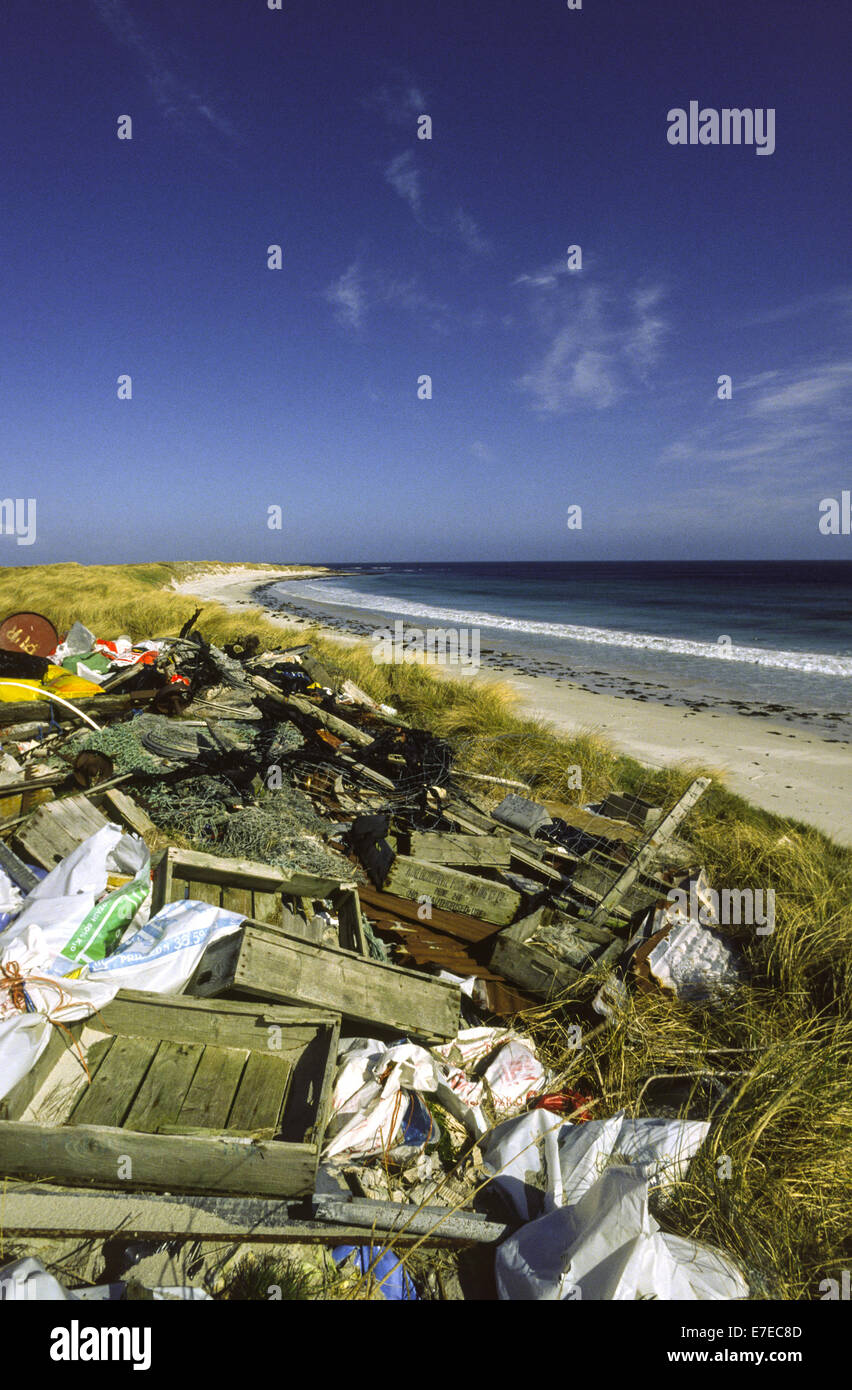 Vertedero de basura junto a una playa de las Islas Orcadas de Escocia con las focas descansando en la arena Foto de stock
