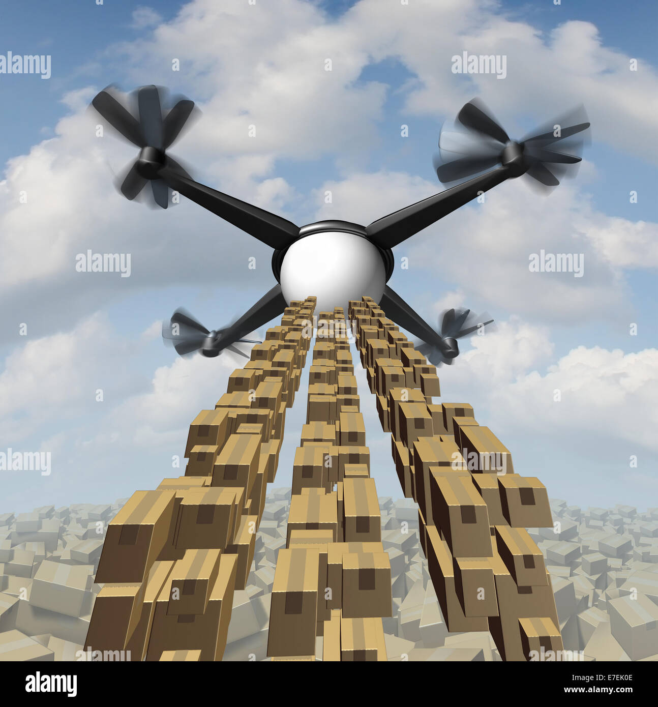 Zumbido de carga como un concepto de entrega quadrocopter no tripulados en el envío de paquetes y mercancías como un símbolo del futuro del servicio de courier. Foto de stock