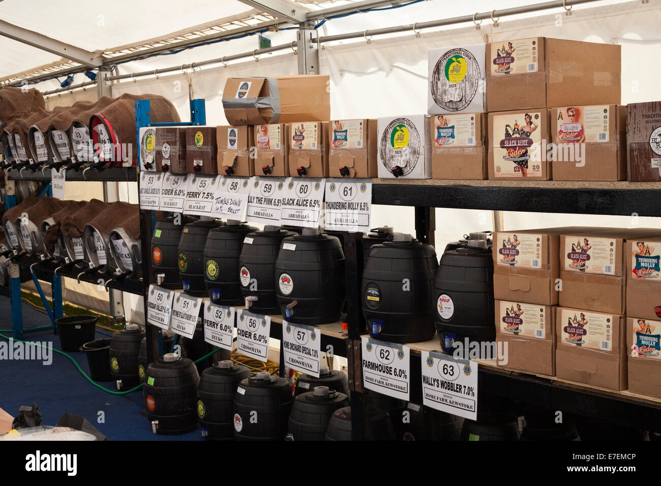 Barriles de cervezas en un festival de la cerveza o la sidra en una marquesina Foto de stock