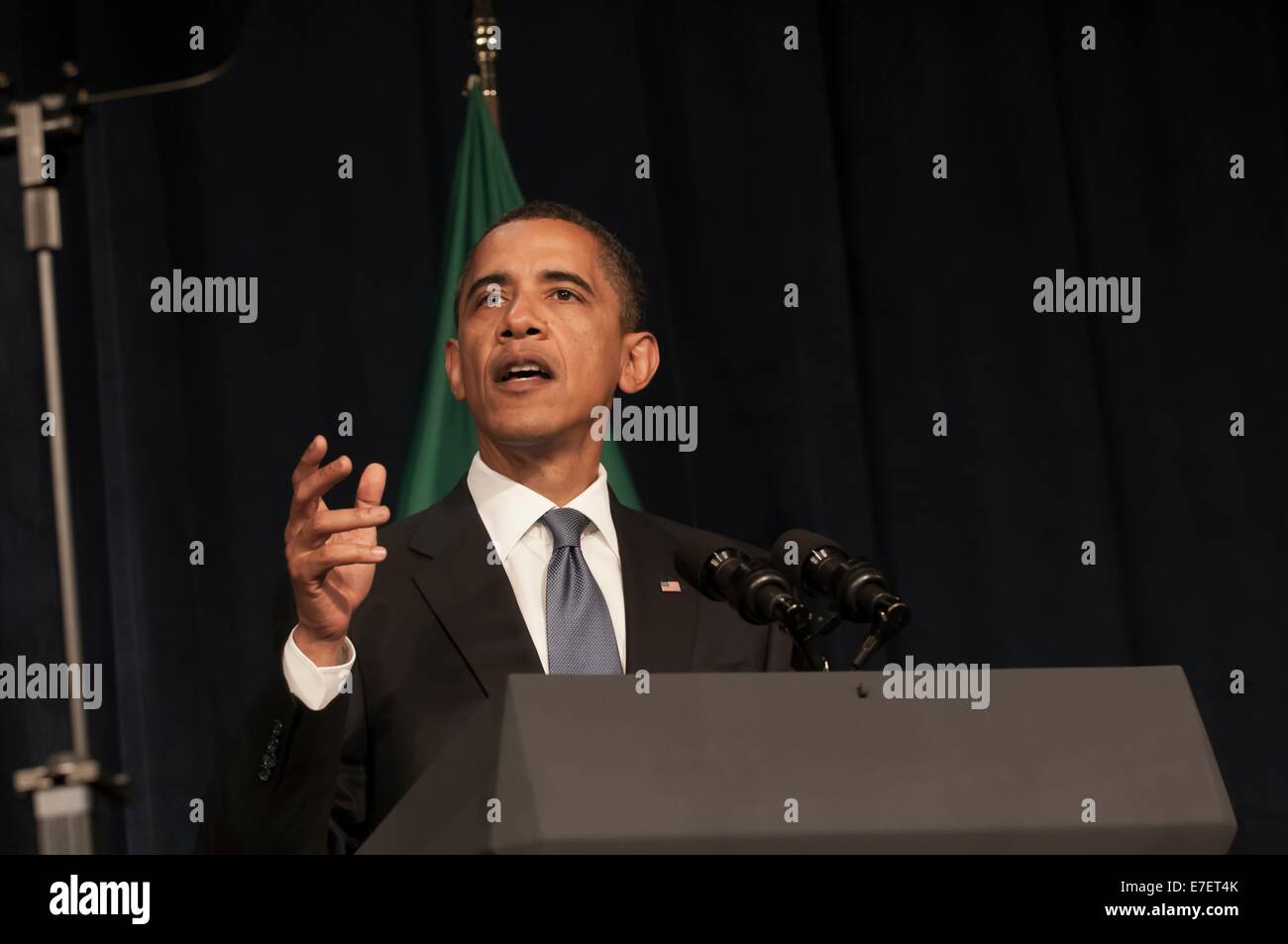 El presidente Barack Obama dando un discurso en un evento para recaudar fondos para la senadora Patty Murray en Seattle, WA. Foto de stock