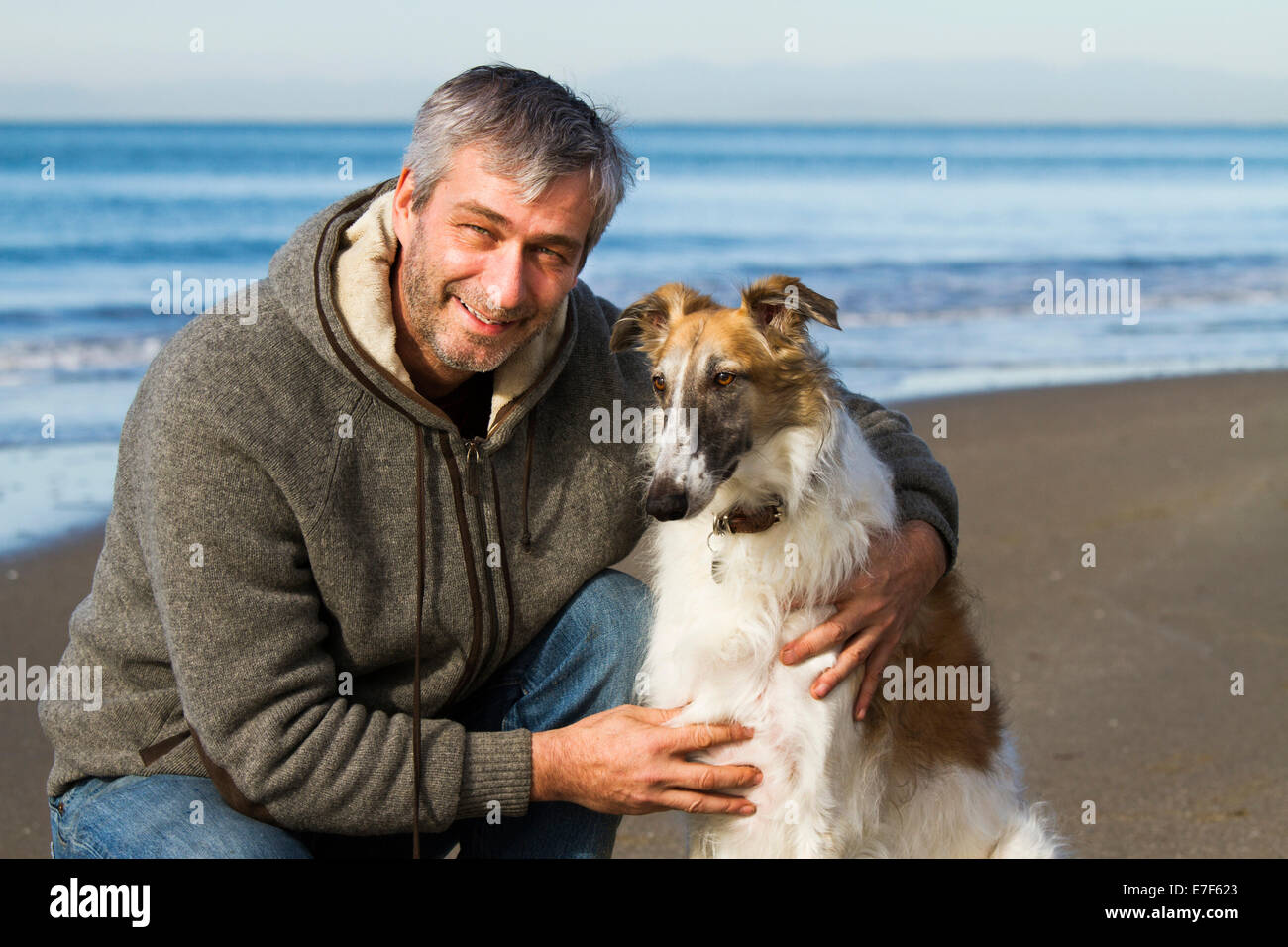 Borzoi o Wolfhound ruso, con un hombre por el mar, Toscana, Italia Foto de stock