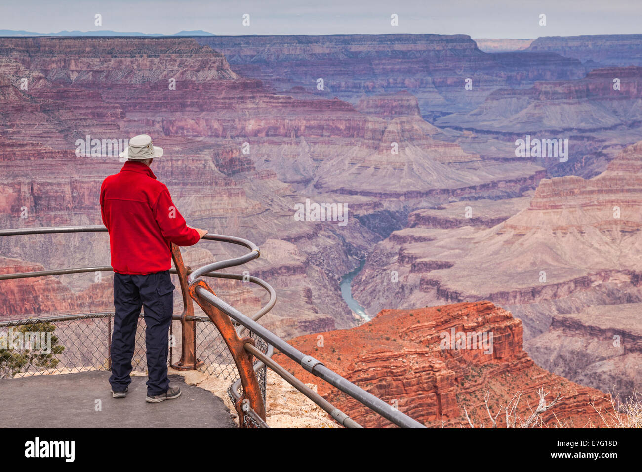 Altos hombre mirando Hopi Point, el Gran Cañón, Arizona. Centrarse en primer plano. Foto de stock